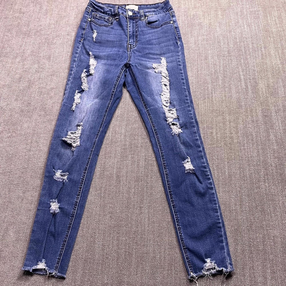 Skinny Fries Mom Jeans Womens 7 Blue Denim Cotton Stretch Medium Wash Ripped